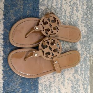 Tory Burch Tan Sandals with Iconic Logo and Thong Design